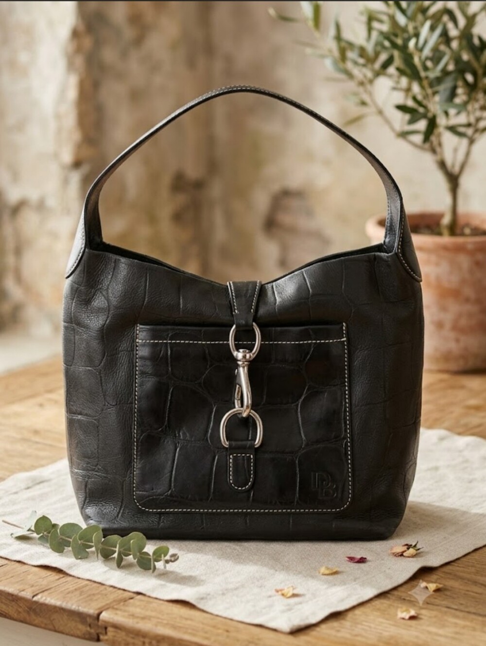 Dooney & Bourke Black Croc Embossed Leather Hobo Bag with Carabiner Clasp